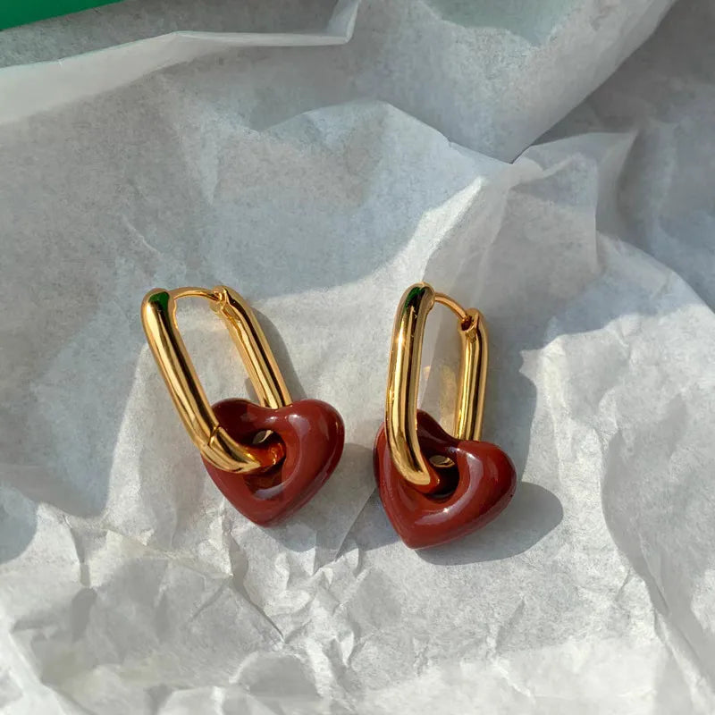 1 Pair Vintage Red Heart-Shaped Drop Earrings 18k Gold Plated