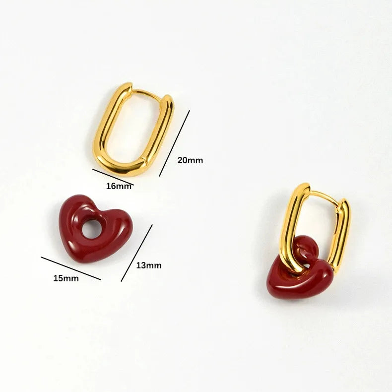 1 Pair Vintage Red Heart-Shaped Drop Earrings 18k Gold Plated