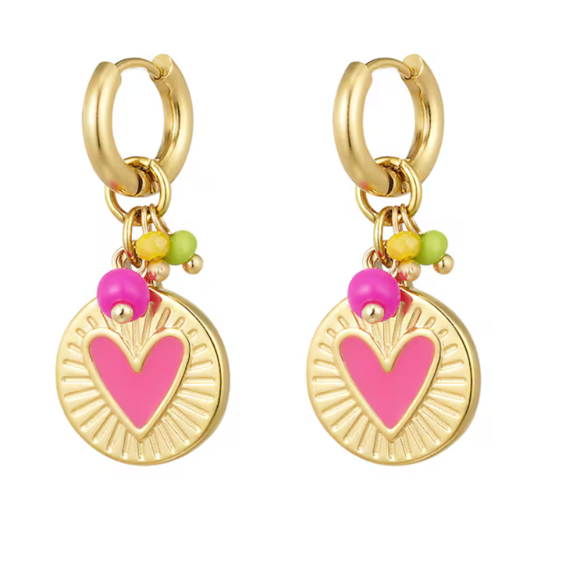 Gold Coin Pendant With Pink Heart & Charms Earrings